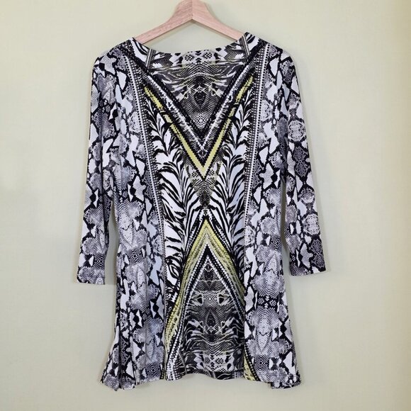 JM Collection Tunic Top Women M Multicolor 3/4 Sleeve V Neck Geo Snake Print 90s - Picture 2 of 14